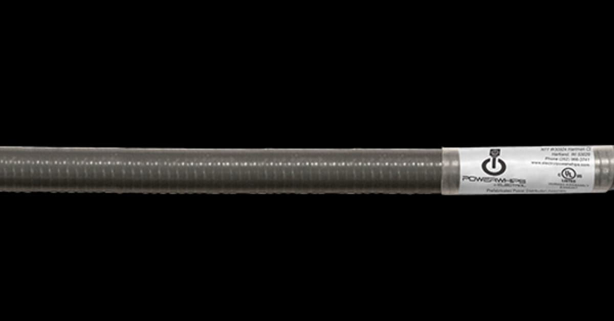 A close-up of silver flexible electrical conduit with a labeled section and metal texture on a black background.