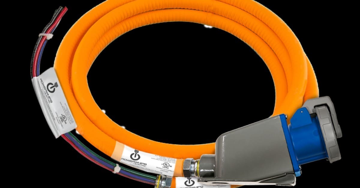 An orange coiled power cable with exposed colored wires and a blue connector resting on a white background.