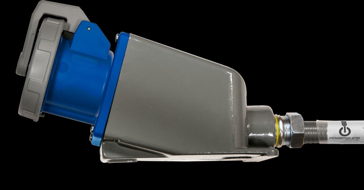 A gray and blue electrical connector with a ribbed cap and attached gray hose extending across a black background.