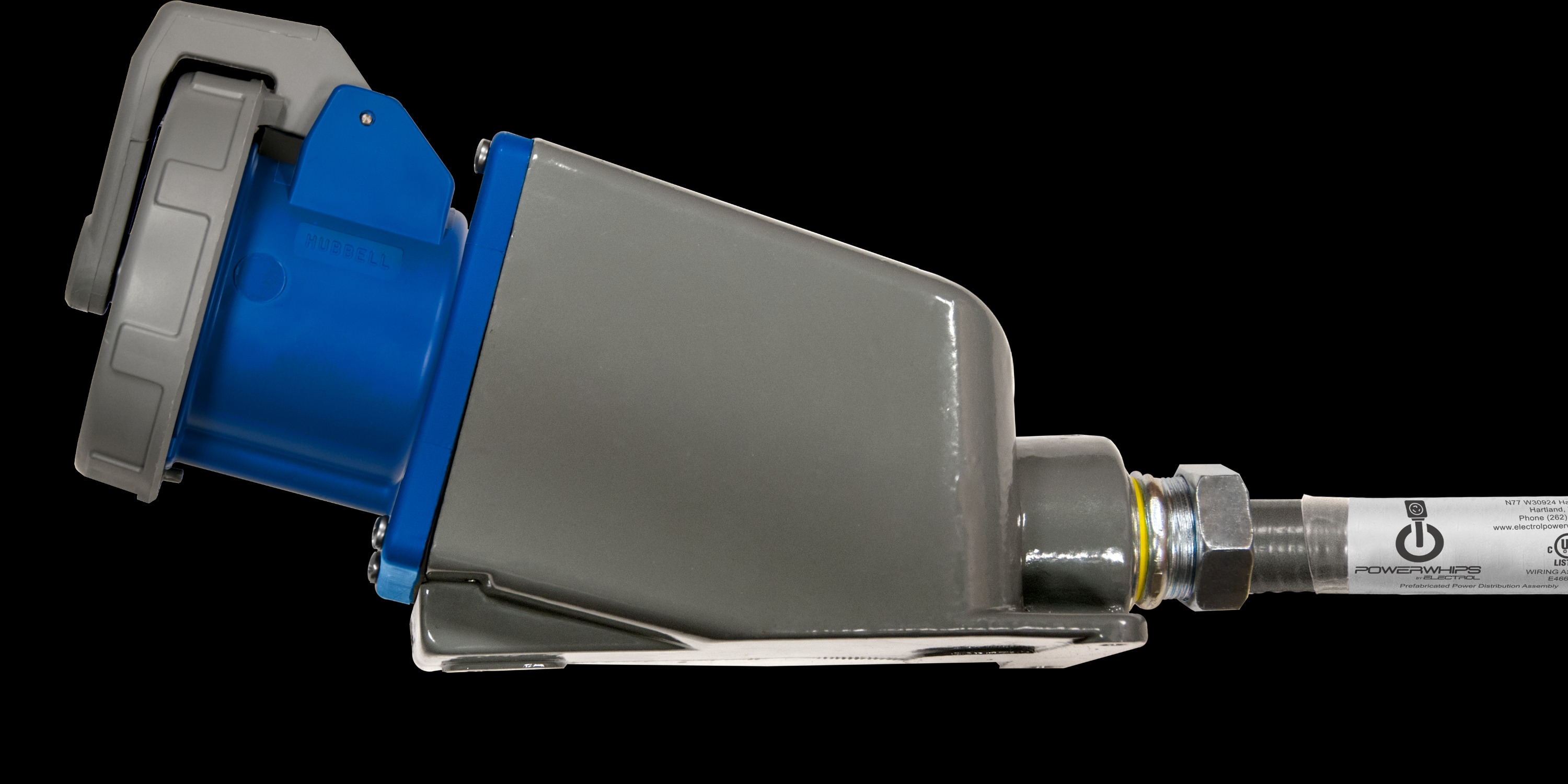 A gray industrial electrical socket housing with a blue connector and attached flexible cable against a black background.